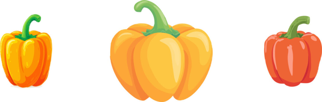 A vibrant orange bell pepper with a thick green stem stands out against a clean white background in this minimalist vector illustration