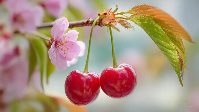 Close up of red cherries hanging from a tree, ripe juicy fruit with glossy texture and natural light in a fresh orchard setting