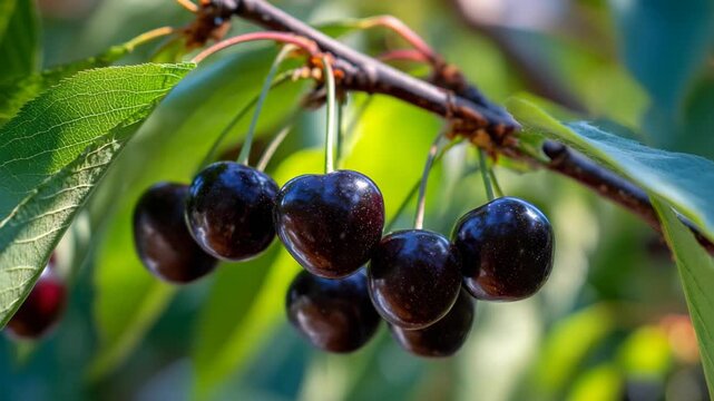 Close up of black cherries hanging from a tree, ripe juicy fruit with glossy texture and natural light in a fresh orchard setting