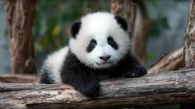 Close-up of cute baby panda cub resting on tree trunk, adorable wildlife portrait with fluffy fur and playful innocent expression in natural setting