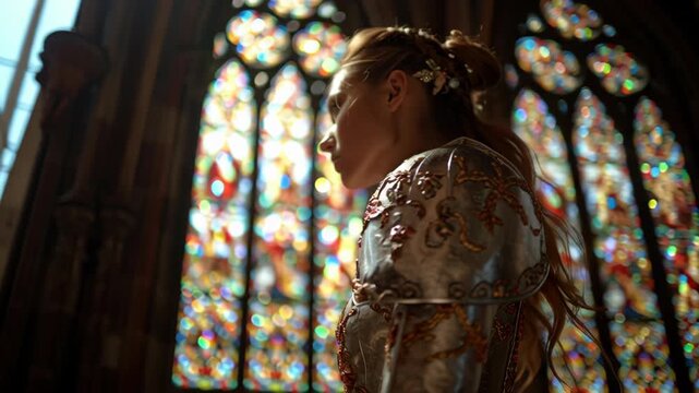 Elegant female warrior in ornate metal armor standing in a church hall.