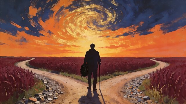 Wide shot of a person at a junction in a flower field under a dramatic sunburst representing a moment of enlightenment and the realization that every path chosen leads to a unique life experience.