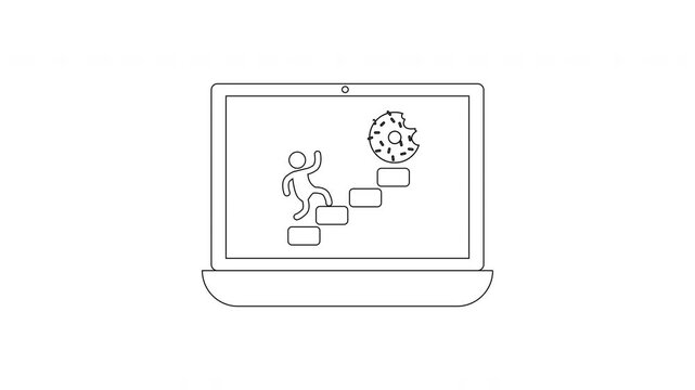 Man falling down stairs on laptop screen towards cookie monster.