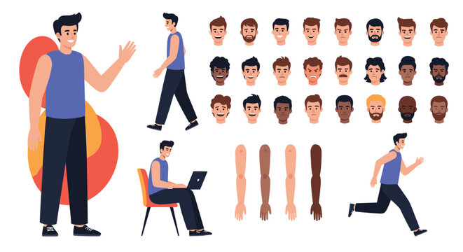 Character construction kit for male avatar creator with various body poses facial expressions skin tones and daily activities.