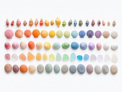 Various beautiful and colorful beach objects with small unique seashells presented in an organized color gradient arrangement featuring rows of tiny conch shells scallop shells clam shells pastel sea