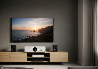 Fototapeta premium Modern living room interior features a flat screen television mounted above a wooden media console with audio equipment.
