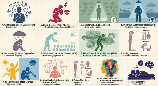 A design that provides information about common psychological disorders. it was created using artificial intelligence. Consult a specialist for medical advice or diagnosis.