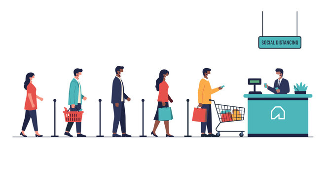 Customers keeping safe distance while waiting in a queue at the grocery store checkout with a sign reminding about social distancing.