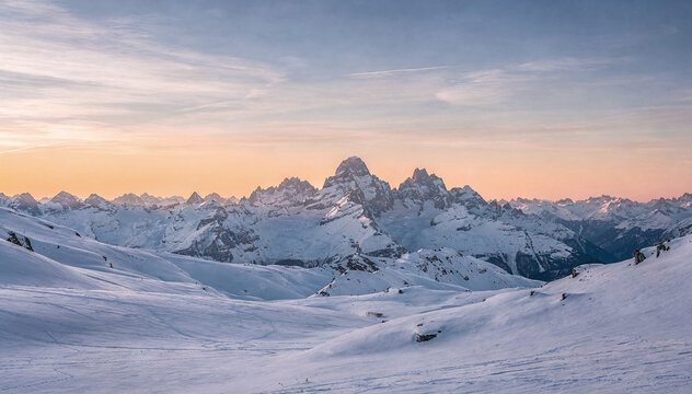 Vast Snowy Mountain Landscape at Golden Hour with Colorful Sky Backdrop