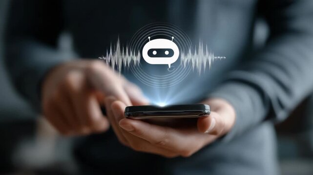AI bot symbol hovering over a smartphone held by a businessman, futuristic tech concept showing digital assistant, innovation, and smart mobile interaction