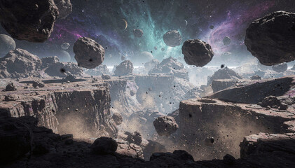 Dramatic rocky asteroid field with cosmic sky full of planets and nebula © Екатерина Чумаченко