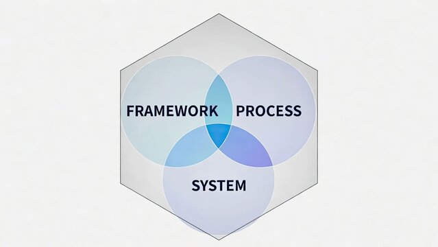 Business frameworks processes and systems explained in hexagonal infographic digital environment