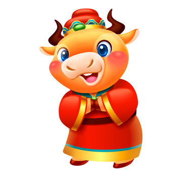 3d greeting Chinese zodiac ox in traditional fortune of God costume