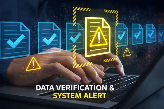 Problematic document and reject file. Error notification on approval system. Businessman using laptop computer to submit documents to compliance verification system.