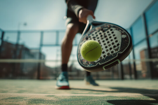 Close-up low angle shot of a padel player hitting a tennis ball on an outdoor court