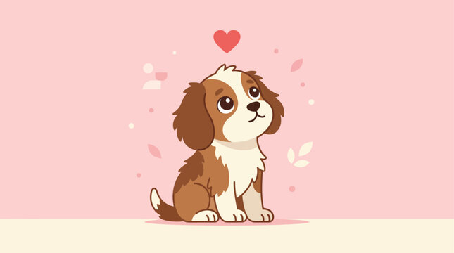 An adorable flat design illustration of a fluffy brown and white puppy looking up with innocent eyes, featuring a floating heart icon. This minimalist vector piece symbolizes love and companionship.