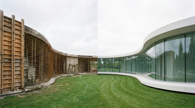 Curved Modern Building Interior Before and After Construction