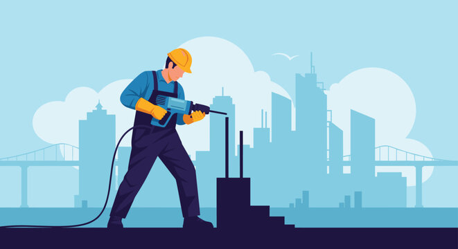 Industrial construction worker wearing safety gear and using a powerful jackhammer at a modern city infrastructure development site.