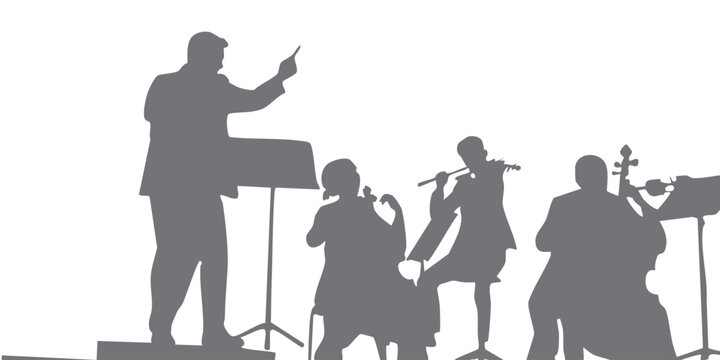 Silhouette of an orchestra group practicing, violinist, guitarist and song guide