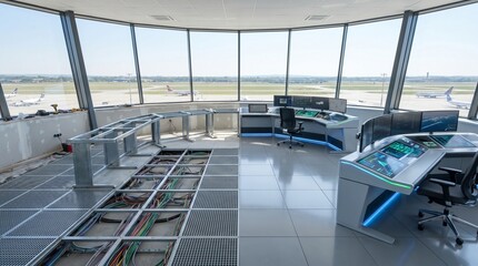 Fototapeta premium Air traffic control tower interior showing unfinished wiring and finished consoles.