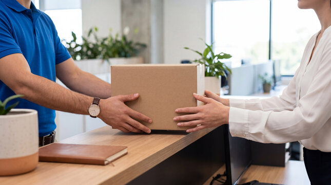 Delivery man in uniform handing over a cardboard parcel to a female customer at an office reception desk.
