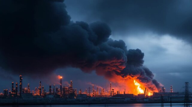Black smoke rising from a burning oil refinery, dramatic industrial disaster scene symbolizing environmental pollution, crisis, and energy sector risk