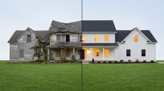 Before and after house renovation, old decaying versus new home