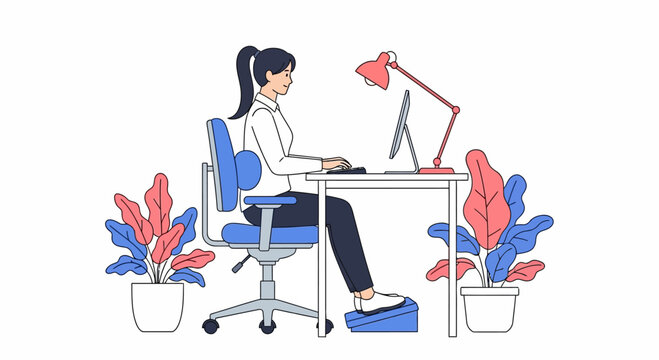 Woman sitting at a desk with proper ergonomic posture and footrest.