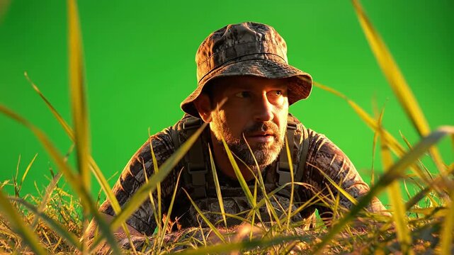 Man in Camouflage Gear Lying in Tall Grass Observing Surroundings against Bright Green Chroma Key Background