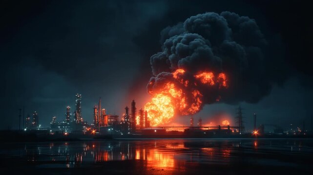Black smoke rising from a burning oil refinery, dramatic industrial disaster scene symbolizing environmental pollution, crisis, and energy sector risk
