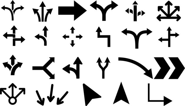 Road traffic direction arrows flat set. You-turn, left, right, two way, three way transportation direction arrow symbol Four-way arrows or paths Png