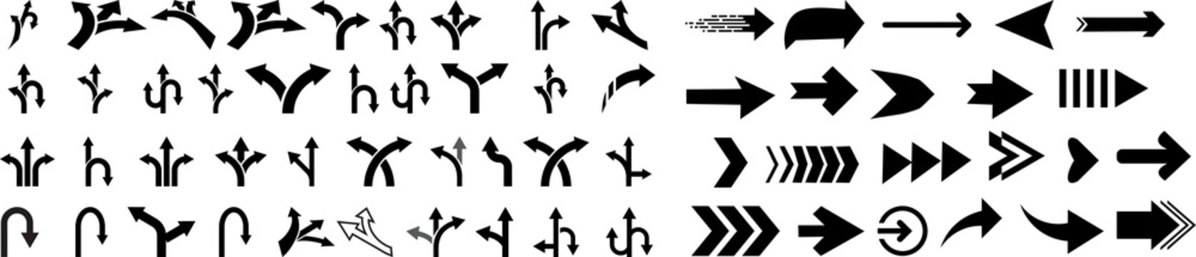 Road traffic direction arrows flat set. You-turn, left, right, two way, three way transportation direction arrow symbol Four-way arrows or paths Png