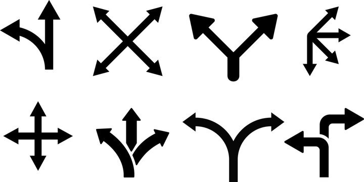 Road traffic direction arrows flat set. You-turn, left, right, two way, three way transportation direction arrow symbol Four-way arrows or paths Png