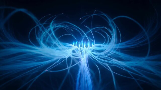 Abstract Blue Glowing Light Streaks Forming Organic Neural Network Pattern Against Dark Background Cinematic Lighting