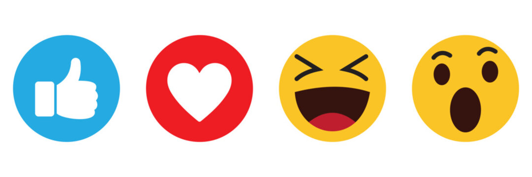 Emoji Reaction Icon Set, Flat Yellow Emoticons for Social Media, Chat Feedback Symbols with Thumbs Up, Heart, Smile,
 Sad and Angry Faces Vector Illustration
