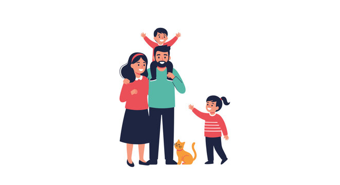Happy family of four with two children and a pet cat standing together, illustrating a loving household and strong familial bonds in a portrait.
