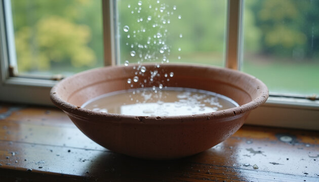 Water droplets splashing in a terracotta bowl by the window
