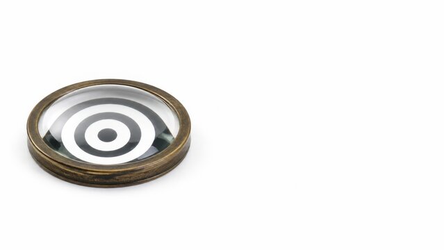 Vintage solid thick crystal dome magnifier paperweight with an antique bronze rim resting completely flat directly over a single simple crisp black target bullseye printed on the white surface below