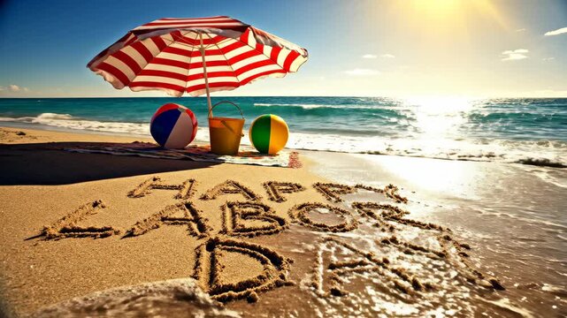 Happy Labor Day written in sand on sunny beach with umbrella