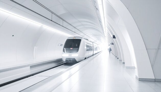 Hyperloop station- A clean, white tunnel with a train pod arriving, motion blur, futuristic
