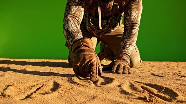 Person in Camouflage Kneeling on Sandy Ground Making Distinct Markings Against a Green Screen Background