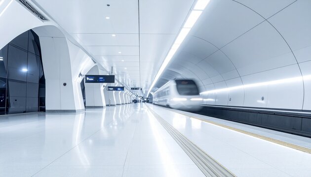 Hyperloop station- A clean, white tunnel with a train pod arriving, motion blur, futuristic
