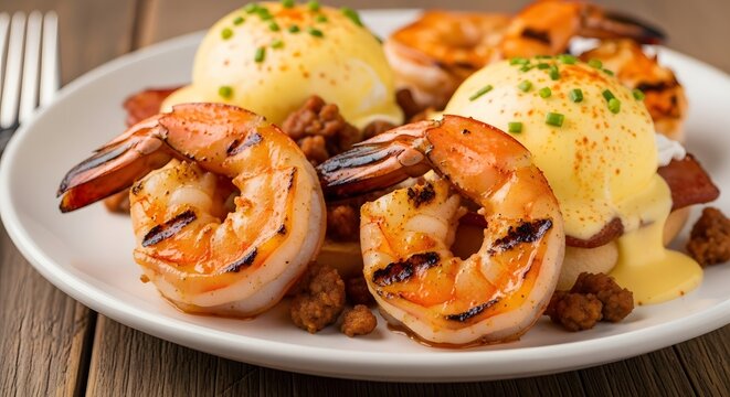 Delicious shrimp eggs benedict served on a plate with creamy hollandaise sauce and toasted bread for a tasty morning brunch