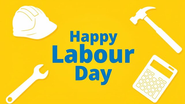 Happy Labour Day graphic with tools on yellow background