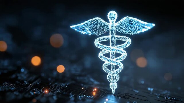 Futuristic polygonal wand of Hermes in a cybernetic universe, glowing caduceus symbol with digital lines, sci-fi medical mythology fusion and high tech abstract design