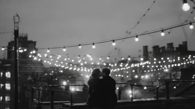 Couple enjoying a romantic moment in front of illuminated lights at night