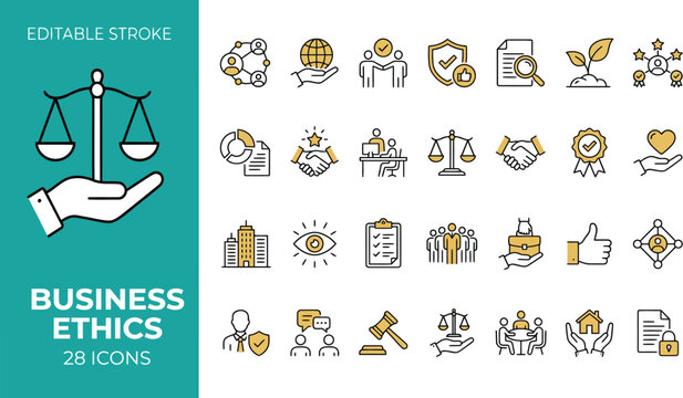 Business ethics and corporate compliance line icon set, law and core values concepts, editable stroke vector illustration