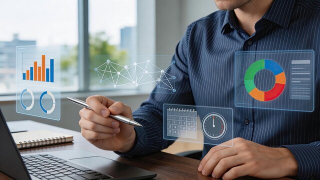 Businessman using futuristic holographic interface for data analytics managing financial charts network connections and project schedules in a modern smart office environment