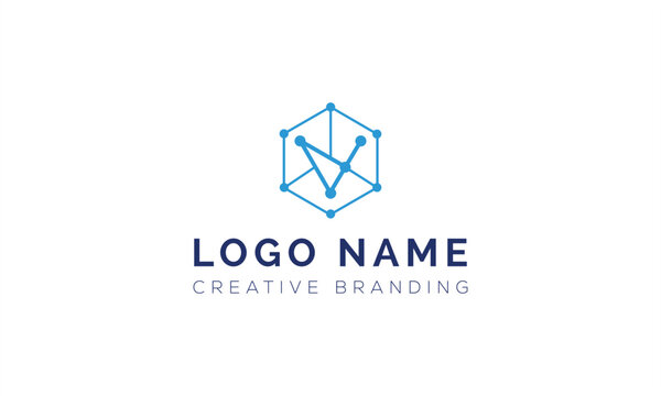 Letter v tech network node hexagon logo design with technology, connection