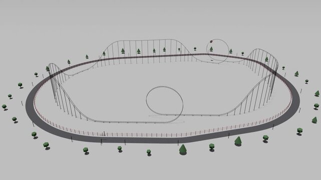 Aerial View of Stylized 3D Roller Coaster Ride Animation